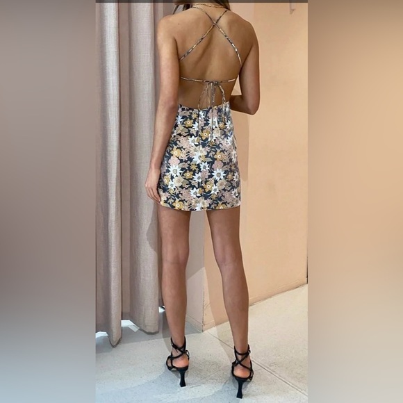 Revolve Rumer Paloma Mini Dress Black ShimmerFloral design Open Back Ruched Top - Picture 3 of 12